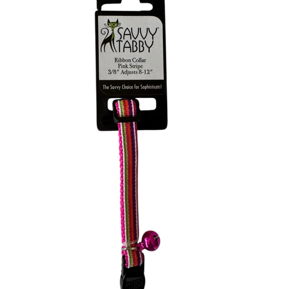 Savvy‎ Tabby Pink Stripe Ribbon Collar for Cats NWT Colorful Reflective